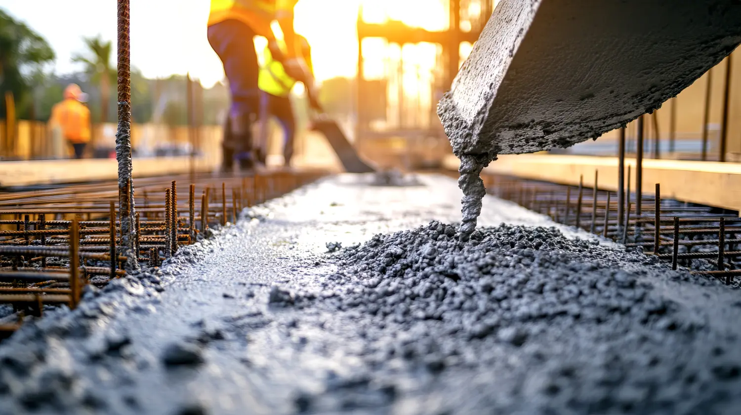 Eine Baustelle mit Arbeitern, die Beton in eine Fundamentform gießen, umgeben von sauberen und organisierten Baumaterialien