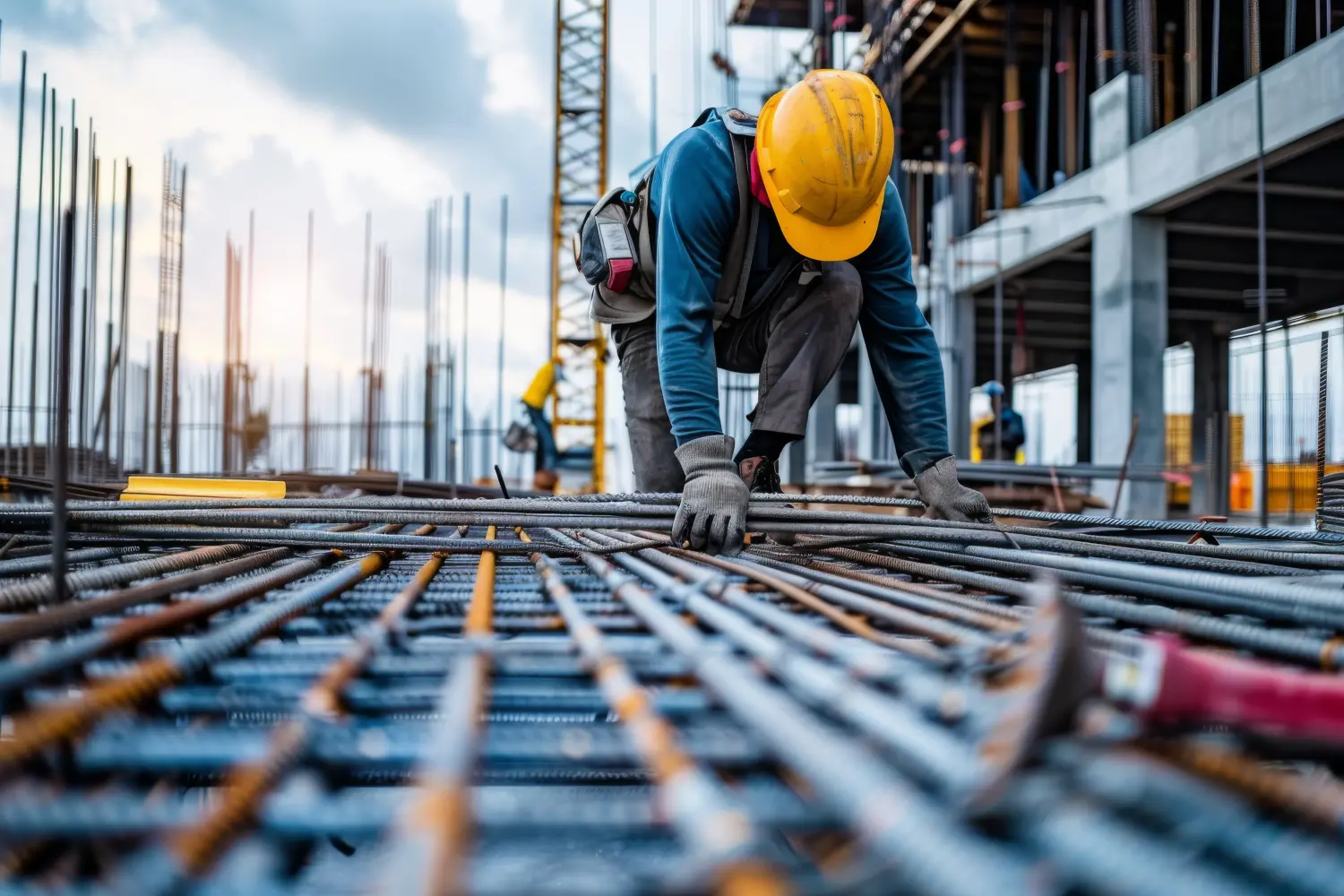 Arbeiter beim Verlegen von Bewehrungsstäben auf der Baustelle
