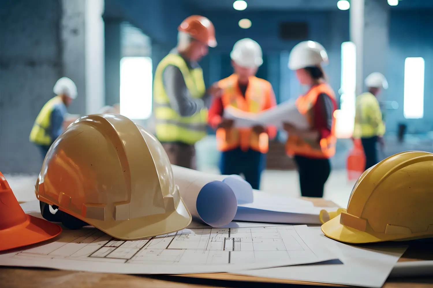 Bauarbeiter mit Helmen diskutieren mit Sicherheitsausrüstung und Bauplänen inmitten einer geschäftigen Baustelle.