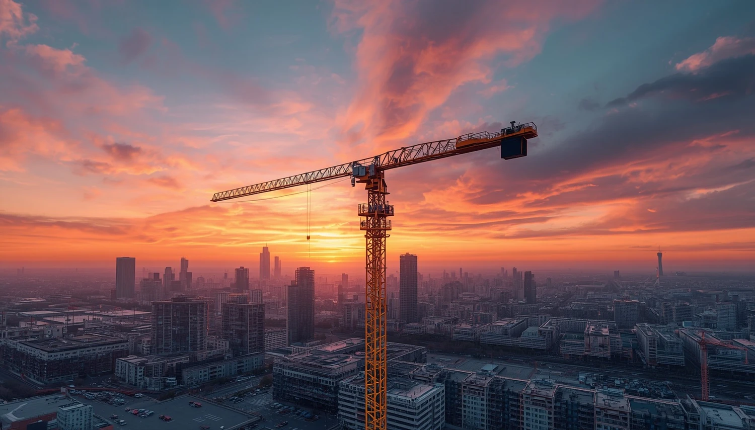 Asotic Bau GmbH - Baukran über der Stadt bei Sonnenuntergang